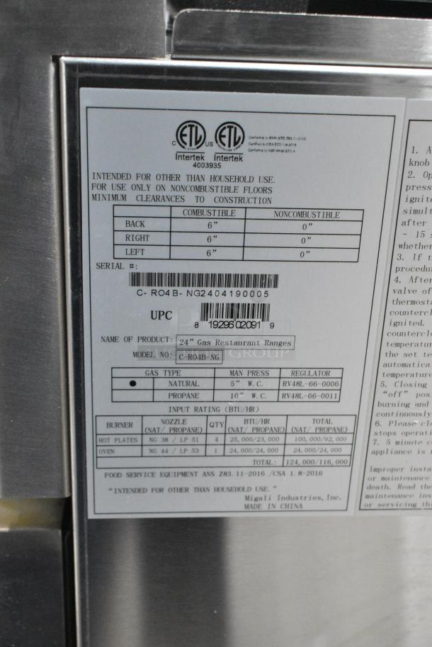 BRAND NEW SCRATCH AND DENT! 2024 Migali C-RO4B-NG Stainless Steel Commercial Natural Gas Powered 4 Burner Range w/ Oven. Serial C-RO4B-NG2404190005. - Image 9 of 9