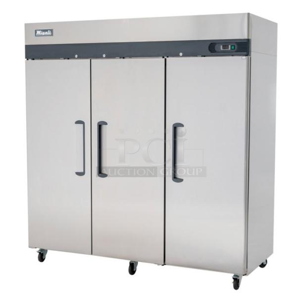 BRAND NEW SCRATCH AND DENT! 2024 Migali C-3F-HC Stainless Steel Commercial 3 Door Reach In Freezer w/ Poly Coated Racks on Commercial Casters. 115/208-240 Volts, 1 Phase. Serial C-3F-HC240525C005. - Image 1 of 8