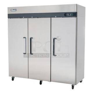 BRAND NEW SCRATCH AND DENT! 2024 Migali C-3F-HC Stainless Steel Commercial 3 Door Reach In Freezer w/ Poly Coated Racks on Commercial Casters. 115/208-240 Volts, 1 Phase. Serial C-3F-HC240525C005.