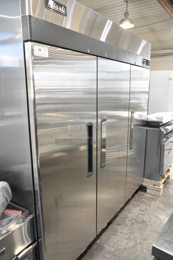 BRAND NEW SCRATCH AND DENT! 2024 Migali C-3F-HC Stainless Steel Commercial 3 Door Reach In Freezer w/ Poly Coated Racks on Commercial Casters. 115/208-240 Volts, 1 Phase. Serial C-3F-HC240525C005. - Image 2 of 8