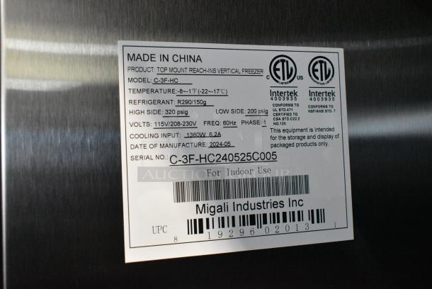 BRAND NEW SCRATCH AND DENT! 2024 Migali C-3F-HC Stainless Steel Commercial 3 Door Reach In Freezer w/ Poly Coated Racks on Commercial Casters. 115/208-240 Volts, 1 Phase. Serial C-3F-HC240525C005. - Image 8 of 8