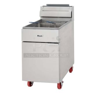 BRAND NEW SCRATCH AND DENT! 2024 Migali C-F75-LP Stainless Steel Commercial Propane Gas Powered 75 Pound Capacity Deep Fat Fryer w/ 2 Metal Fry Baskets. 150,000 BTU. Serial C-F75-LP2404020005.