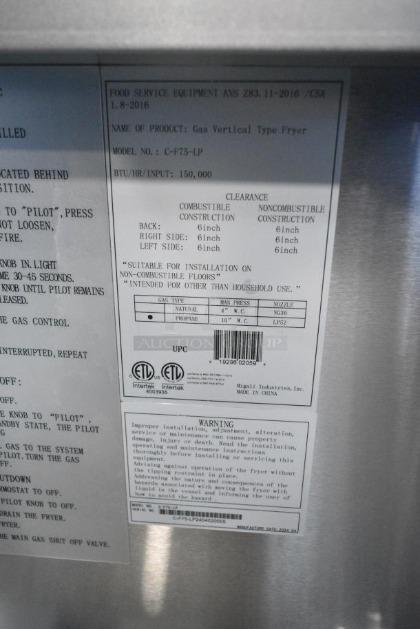 BRAND NEW SCRATCH AND DENT! 2024 Migali C-F75-LP Stainless Steel Commercial Propane Gas Powered 75 Pound Capacity Deep Fat Fryer w/ 2 Metal Fry Baskets. 150,000 BTU. Serial C-F75-LP2404020005. - Image 11 of 12