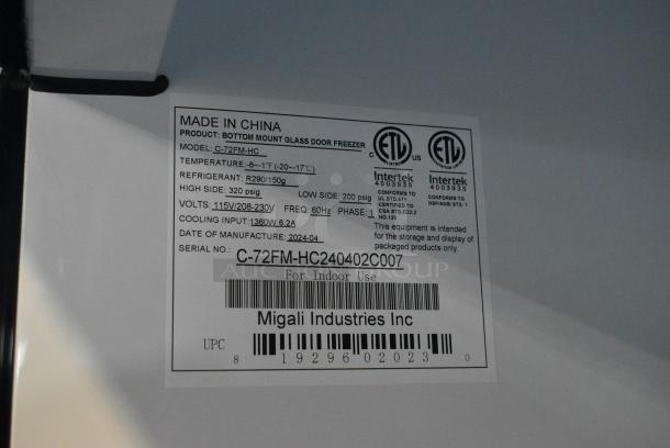 BRAND NEW SCRATCH AND DENT! 2024 Migali C-72FM-HC Metal Commercial 3 Door Reach In Freezer Merchandiser w/ Poly Coated Racks on Commercial Casters. Serial C-72FM-HC240402C007. Tested and Working! - Image 8 of 8
