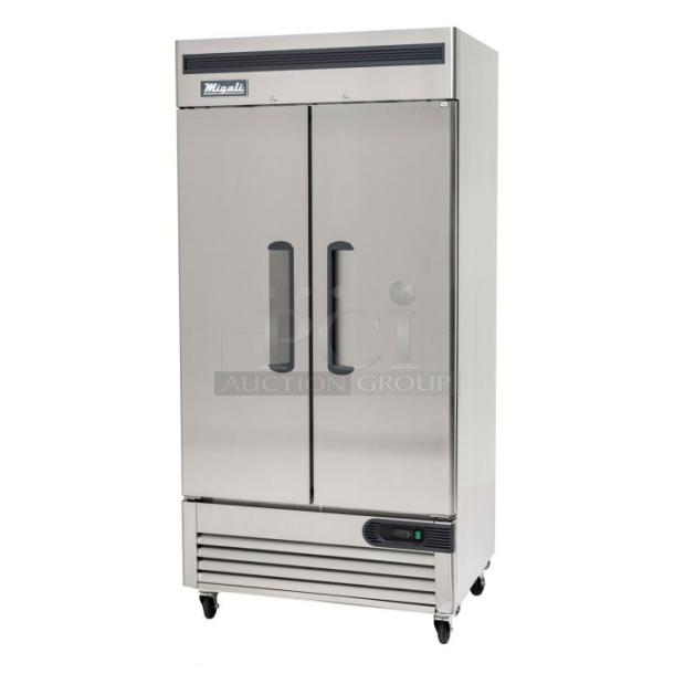 BRAND NEW SCRATCH AND DENT! 2024 Migali C-2FB-HC Stainless Steel Commercial 2 Door Reach In Freezer w/ Poly Coated Racks on Commercial Casters. 115 Volts, 1 Phase. Serial C-2FB-HC240530C007. Tested and Working! - Image 1 of 7