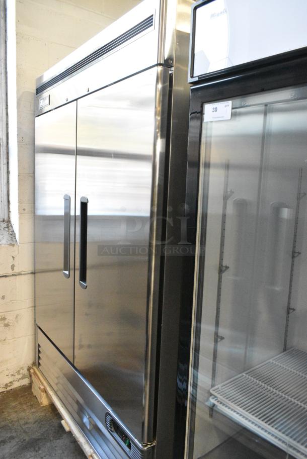 BRAND NEW SCRATCH AND DENT! 2024 Migali C-2FB-HC Stainless Steel Commercial 2 Door Reach In Freezer w/ Poly Coated Racks on Commercial Casters. 115 Volts, 1 Phase. Serial C-2FB-HC240530C007. Tested and Working! - Image 2 of 7