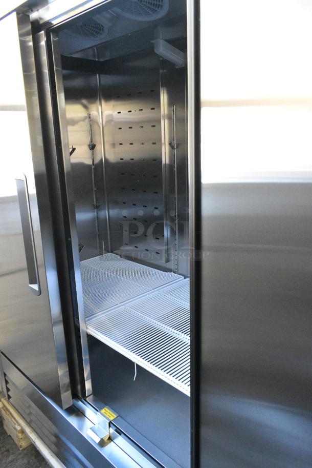 BRAND NEW SCRATCH AND DENT! 2024 Migali C-2FB-HC Stainless Steel Commercial 2 Door Reach In Freezer w/ Poly Coated Racks on Commercial Casters. 115 Volts, 1 Phase. Serial C-2FB-HC240530C007. Tested and Working! - Image 6 of 7