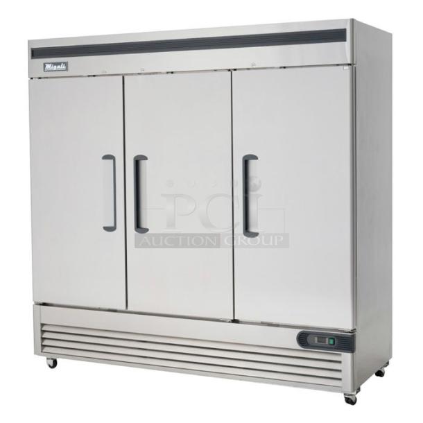 BRAND NEW SCRATCH AND DENT! 2023 Migali C-3FB-HC Stainless Steel Commercial 3 Door Reach In Freezer w/ Poly Coated Racks on Commercial Casters.  115/208-240 Volts, 1 Phase. Serial C-3FB-HCT03230724092T0015. - Image 1 of 7