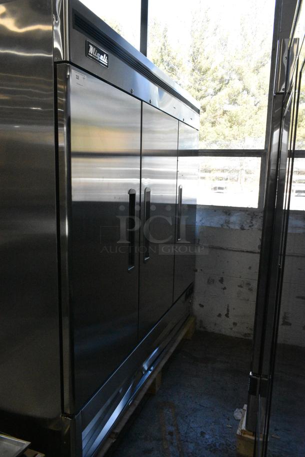 BRAND NEW SCRATCH AND DENT! 2023 Migali C-3FB-HC Stainless Steel Commercial 3 Door Reach In Freezer w/ Poly Coated Racks on Commercial Casters.  115/208-240 Volts, 1 Phase. Serial C-3FB-HCT03230724092T0015. - Image 2 of 7