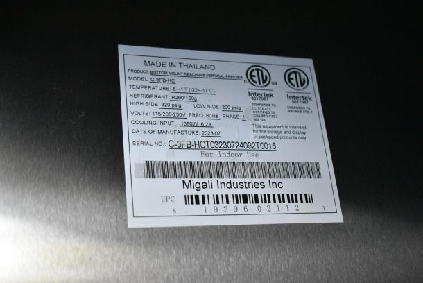BRAND NEW SCRATCH AND DENT! 2023 Migali C-3FB-HC Stainless Steel Commercial 3 Door Reach In Freezer w/ Poly Coated Racks on Commercial Casters.  115/208-240 Volts, 1 Phase. Serial C-3FB-HCT03230724092T0015. - Image 7 of 7