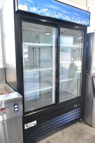Avantco 178GDS47HCB Metal Commercial 2 Door Reach In Cooler Merchandiser w/ Poly Coated Racks on Commercial Casters. 115 Volts, 1 Phase. Tested and Working!