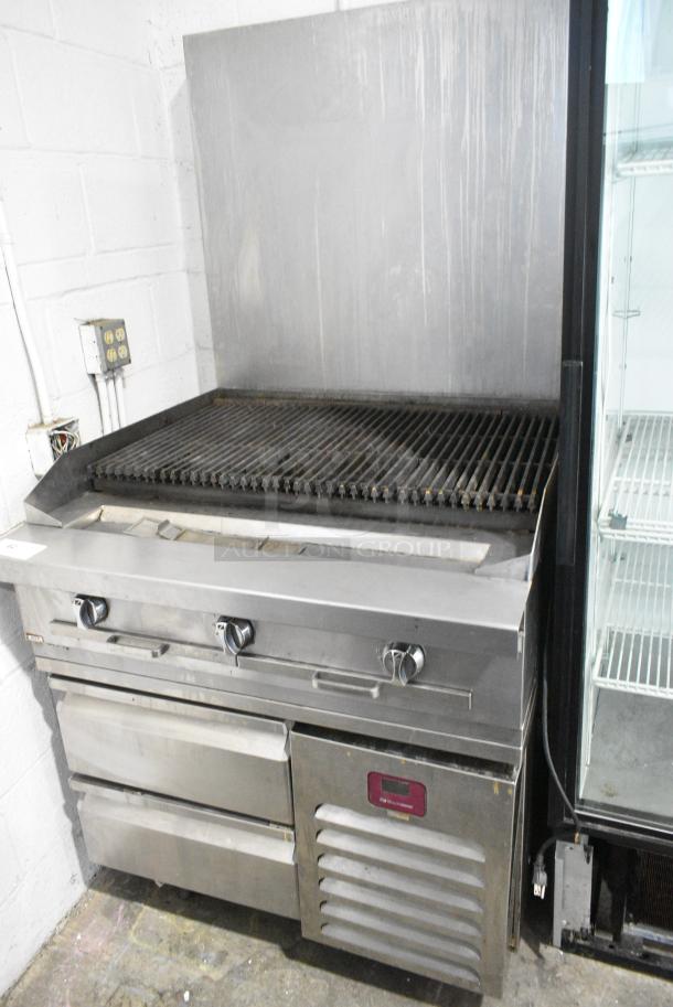 Southbend Stainless Steel Commercial Natural Gas Powered Charbroiler Grill w/ 2 Drawers and Back Splash on Commercial Casters. - Image 1 of 8