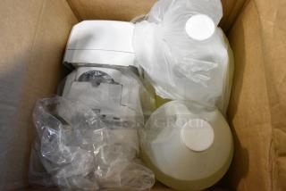 Box of BRAND NEW! Items Including Purell Hand Sanitizer Dispensers and Boardwalk Hand Soap Refill Jugs.