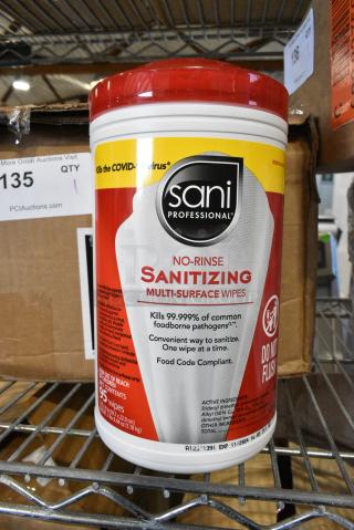 Box of 6 Canisters of Sani Professional No Rinse Sanitizing Wipes.