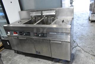 Frymaster FH217SE Stainless Steel Commercial Electric Powered 2 Bay Fryer w/ 2 Dumping Stations on Commercial Casters. 480 Votls, 3 Phase.