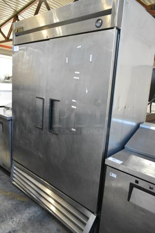 True T-49 Stainless Steel Commercial Sandwich 2 Door Cooler w/ Poly Coated Racks. 115 Volts, 1 Phase. Cannot Test Due To Damaged Plug