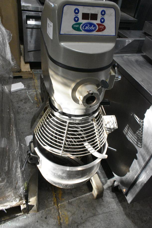 Globe SP30 Metal Commercial Floor Style 30 Quart Planetary Dough Mixer w/ Stainless Steel Mixing Bowl, Bowl Guard, Dough Hook, Paddle and Whisk Attachments. 115 Volts, 1 Phase. Tested and Powers On But Parts Do Not Move - Image 1 of 8