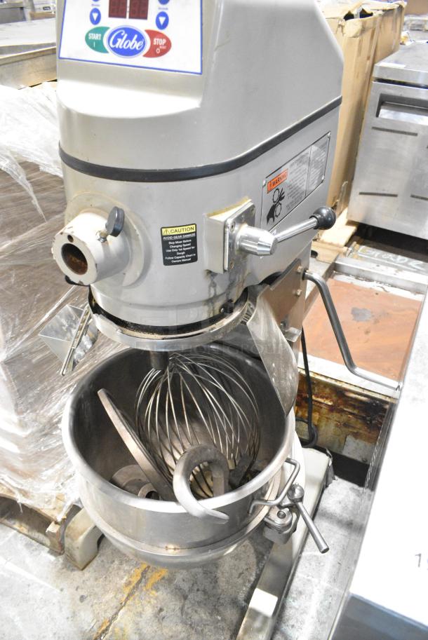 Globe SP30 Metal Commercial Floor Style 30 Quart Planetary Dough Mixer w/ Stainless Steel Mixing Bowl, Bowl Guard, Dough Hook, Paddle and Whisk Attachments. 115 Volts, 1 Phase. Tested and Powers On But Parts Do Not Move - Image 6 of 8