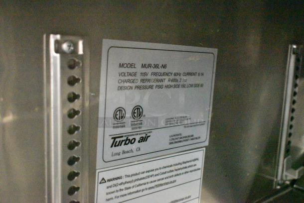 Turbo Air MUR-36L-N6 Stainless Steel Commercial 2 Door Work Top Cooler on Commercial Casters. 115 Volts, 1 Phase. Tested and Working! - Image 6 of 6