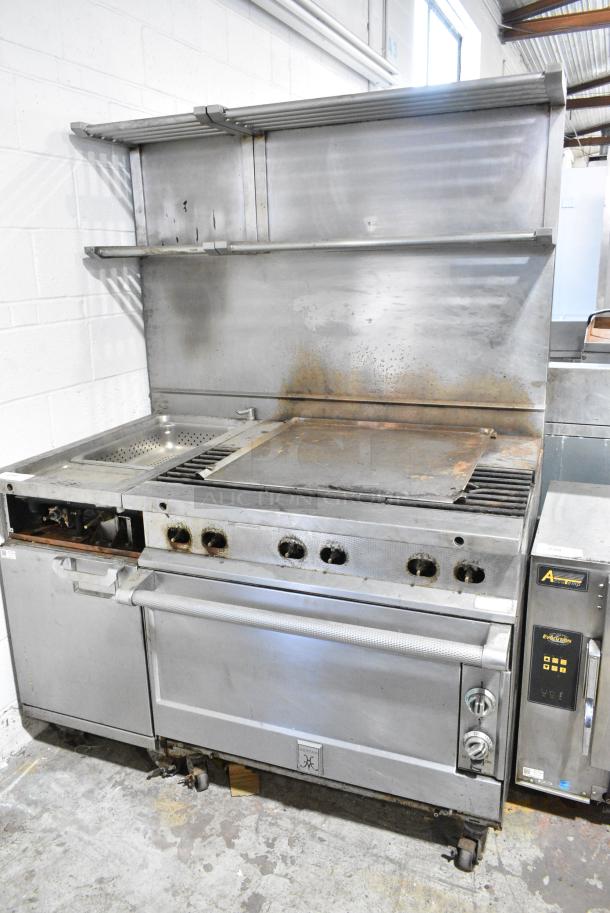 Hestan Stainless Steel Commercial Natural Gas Powered Flat top Griddle w/ 3 Burner Range, Pasta Cooker and Convection Oven on Commercial Casters. - Image 1 of 13