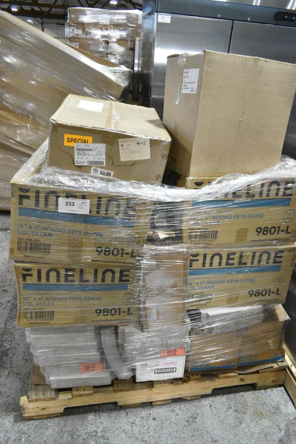 20 BRAND NEW! Boxes Including Fineline 18"x4" Round Pete Dome Lids, American Metalcraft FSR14 Faux Slate Round Peels, 309011 Tray Cover, Pacific 43024 Foam BW. 20 Times Your Bid! - Image 1 of 9