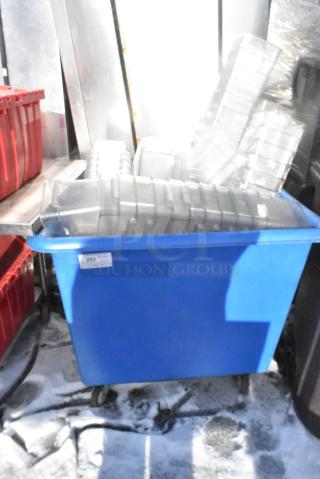 Blue Poly Bin on Commercial Casters w/ Contents Including Poly Clear Drop In Bins.