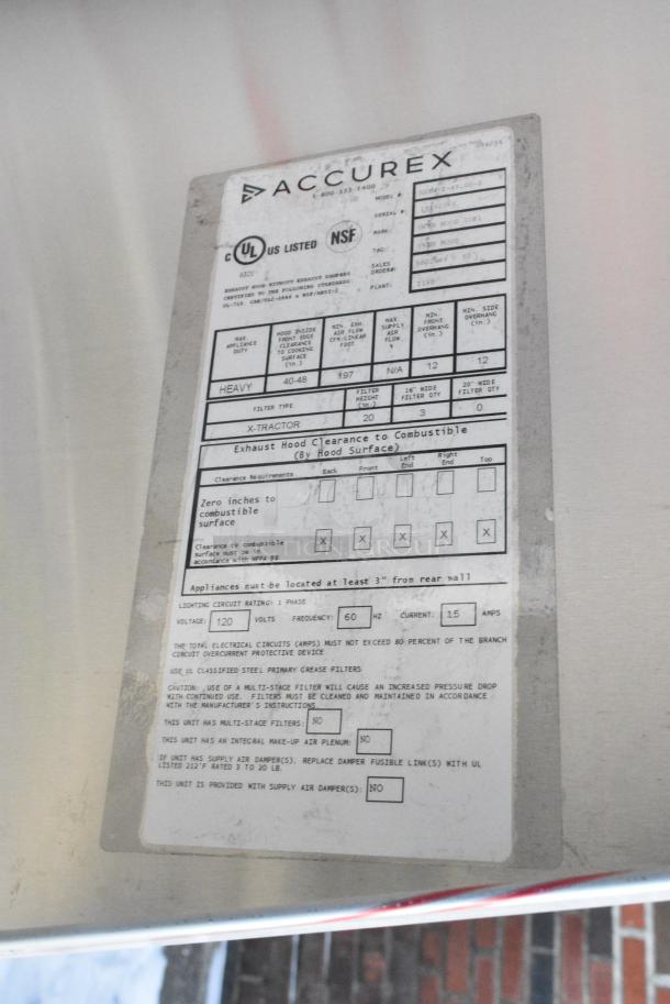BRAND NEW SCRATCH AND DENT! 4' Accurex XXEW-T-48.00-S Stainless Steel Commercial Grease Hood w/ Return Air - Image 6 of 8