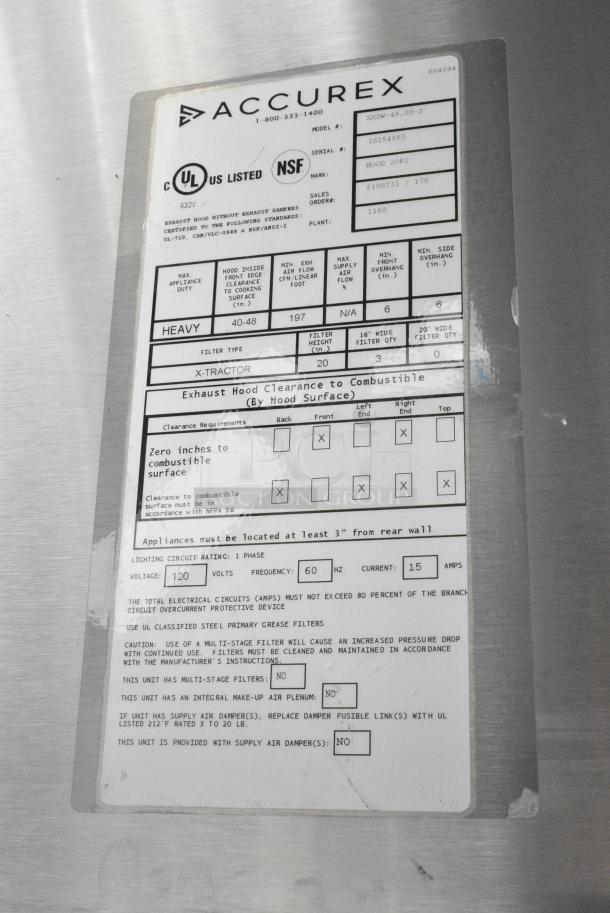 BRAND NEW SCRATCH AND DENT! 4' Accurex XXDW-T-48.00-S Stainless Steel Commercial Grease Hood w/ Return Air - Image 6 of 7
