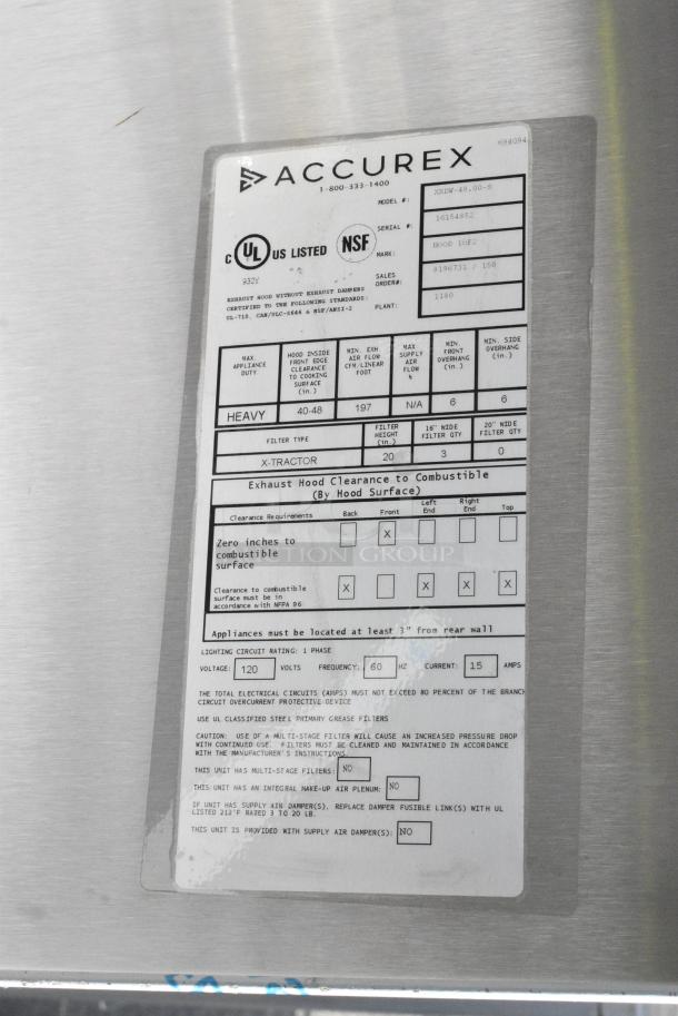 BRAND NEW SCRATCH AND DENT! 4' Accurex XXDW-T-48.00-S Stainless Steel Commercial Grease Hood w/ Return Air - Image 5 of 7
