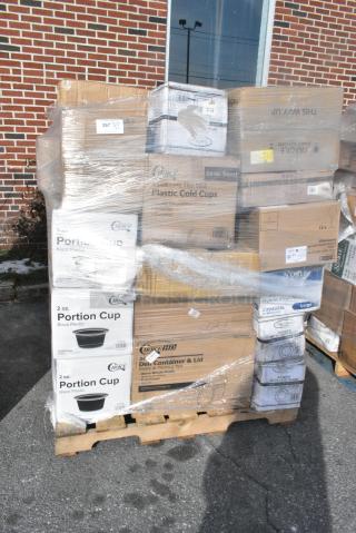 26 BRAND NEW! Boxes Including 347SPBD10WHG Visions 10" Square White Plastic Plate with Gold Bands - 120/Case, 303BWCOPB7 Acopa 7 oz. Bright White Oval Porcelain Coupe Bowl - 36/Case, 127P2B Choice Black Plastic Souffle Cup / Portion Cup - 2 oz. - 2500/Case, 128HD24COMBO Choice Heavy Duty 24 oz. Microwavable Translucent Plastic Deli Container and Lid Combo Pack - 240/Case, 2 Box 347RPBD10WHS Visions 10" White Plastic Plate with Silver Bands - 120/Case, 394325L Noble NexGen Powder-Free Disposable Blue Hybrid 3 Mil Thick Gloves - Large - 1000/Case, 127SB24COMBO Choice 24 oz. Clear Plastic Salad Bowl with Lid - 150/Case, 795PLAKFT1 EcoChoice Kraft PLA Lined Compostable #1 Take-Out Container 4 3/8" x 3 1/2" x 2 1/2" - 450/Case, 50020W Choice 20 oz. White Poly Paper Hot Cup - 600/Case, 50010CAFE Choice 10 oz. Cafe Print Poly Paper Hot Cup - 1000/Case, 500MF993B3C Choice 9" x 9" 3-Compartment Microwaveable Black Mineral-Filled Plastic Hinged Take-Out Container - 150/Case. 26 Times Your Bid!