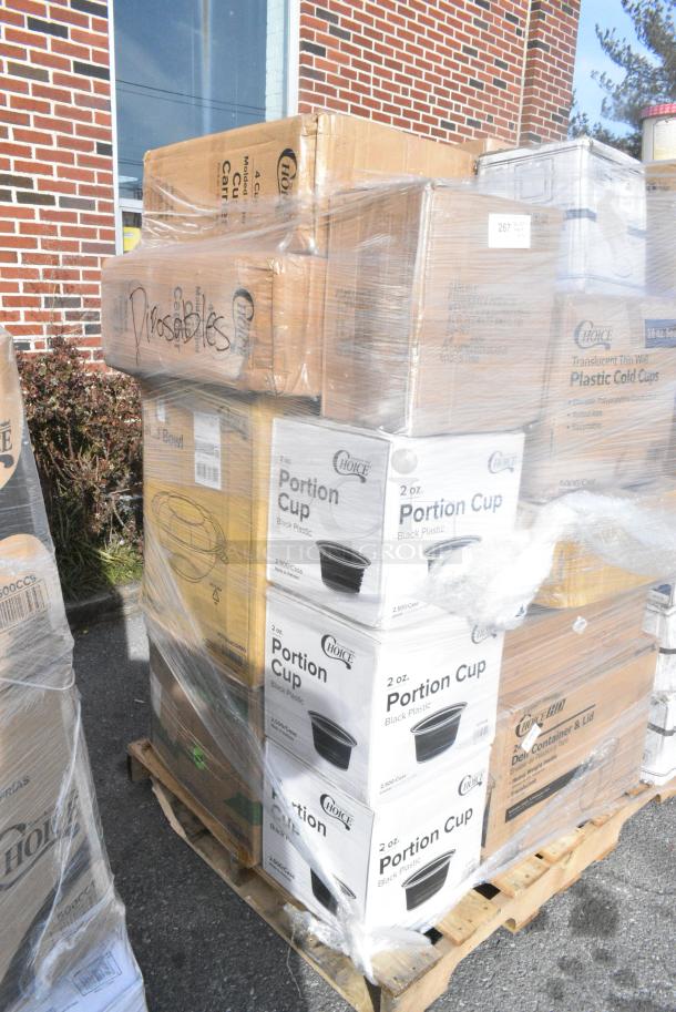 26 BRAND NEW! Boxes Including 347SPBD10WHG Visions 10" Square White Plastic Plate with Gold Bands - 120/Case, 303BWCOPB7 Acopa 7 oz. Bright White Oval Porcelain Coupe Bowl - 36/Case, 127P2B Choice Black Plastic Souffle Cup / Portion Cup - 2 oz. - 2500/Case, 128HD24COMBO Choice Heavy Duty 24 oz. Microwavable Translucent Plastic Deli Container and Lid Combo Pack - 240/Case, 2 Box 347RPBD10WHS Visions 10" White Plastic Plate with Silver Bands - 120/Case, 394325L Noble NexGen Powder-Free Disposable Blue Hybrid 3 Mil Thick Gloves - Large - 1000/Case, 127SB24COMBO Choice 24 oz. Clear Plastic Salad Bowl with Lid - 150/Case, 795PLAKFT1 EcoChoice Kraft PLA Lined Compostable #1 Take-Out Container 4 3/8" x 3 1/2" x 2 1/2" - 450/Case, 50020W Choice 20 oz. White Poly Paper Hot Cup - 600/Case, 50010CAFE Choice 10 oz. Cafe Print Poly Paper Hot Cup - 1000/Case, 500MF993B3C Choice 9" x 9" 3-Compartment Microwaveable Black Mineral-Filled Plastic Hinged Take-Out Container - 150/Case. 26 Times Your Bid! - Image 2 of 17