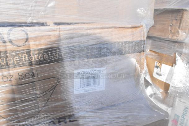 26 BRAND NEW! Boxes Including 347SPBD10WHG Visions 10" Square White Plastic Plate with Gold Bands - 120/Case, 303BWCOPB7 Acopa 7 oz. Bright White Oval Porcelain Coupe Bowl - 36/Case, 127P2B Choice Black Plastic Souffle Cup / Portion Cup - 2 oz. - 2500/Case, 128HD24COMBO Choice Heavy Duty 24 oz. Microwavable Translucent Plastic Deli Container and Lid Combo Pack - 240/Case, 2 Box 347RPBD10WHS Visions 10" White Plastic Plate with Silver Bands - 120/Case, 394325L Noble NexGen Powder-Free Disposable Blue Hybrid 3 Mil Thick Gloves - Large - 1000/Case, 127SB24COMBO Choice 24 oz. Clear Plastic Salad Bowl with Lid - 150/Case, 795PLAKFT1 EcoChoice Kraft PLA Lined Compostable #1 Take-Out Container 4 3/8" x 3 1/2" x 2 1/2" - 450/Case, 50020W Choice 20 oz. White Poly Paper Hot Cup - 600/Case, 50010CAFE Choice 10 oz. Cafe Print Poly Paper Hot Cup - 1000/Case, 500MF993B3C Choice 9" x 9" 3-Compartment Microwaveable Black Mineral-Filled Plastic Hinged Take-Out Container - 150/Case. 26 Times Your Bid! - Image 6 of 17
