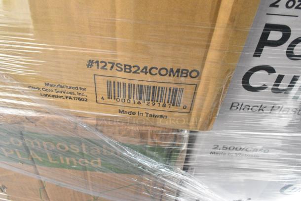 26 BRAND NEW! Boxes Including 347SPBD10WHG Visions 10" Square White Plastic Plate with Gold Bands - 120/Case, 303BWCOPB7 Acopa 7 oz. Bright White Oval Porcelain Coupe Bowl - 36/Case, 127P2B Choice Black Plastic Souffle Cup / Portion Cup - 2 oz. - 2500/Case, 128HD24COMBO Choice Heavy Duty 24 oz. Microwavable Translucent Plastic Deli Container and Lid Combo Pack - 240/Case, 2 Box 347RPBD10WHS Visions 10" White Plastic Plate with Silver Bands - 120/Case, 394325L Noble NexGen Powder-Free Disposable Blue Hybrid 3 Mil Thick Gloves - Large - 1000/Case, 127SB24COMBO Choice 24 oz. Clear Plastic Salad Bowl with Lid - 150/Case, 795PLAKFT1 EcoChoice Kraft PLA Lined Compostable #1 Take-Out Container 4 3/8" x 3 1/2" x 2 1/2" - 450/Case, 50020W Choice 20 oz. White Poly Paper Hot Cup - 600/Case, 50010CAFE Choice 10 oz. Cafe Print Poly Paper Hot Cup - 1000/Case, 500MF993B3C Choice 9" x 9" 3-Compartment Microwaveable Black Mineral-Filled Plastic Hinged Take-Out Container - 150/Case. 26 Times Your Bid! - Image 13 of 17