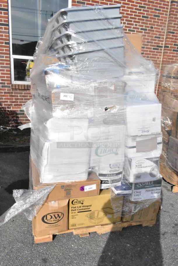 35 BRAND NEW! Boxes Including 788210086 Hoffmaster 210086 82" x 82" White Cellutex Tissue / Poly Paper Table Cover - 25/Case, 127CH16 Choice 16 oz. Clear RPET Hinged Deli Container - 200/Case, 485WPJ7BK EcoChoice 7 3/4" Jumbo Black Wrapped Paper Straw - 3200/Case, 394365XL Noble Products Powder-Free Disposable Clear Vinyl Gloves for Foodservice - Extra Large - 1000/Case, 347RP9CL Visions 9" Clear Plastic Plate - 240/Case,  347RP9CLSS Visions Wave 9" Clear Plastic Plate - 180/Case, 5002BNAPWH Choice 2-Ply White Beverage / Cocktail Napkin - 3000/Case, KKNIFEH Choice Black Heavy Weight Plastic Knife - 1000/Case. 35 Times Your Bid! - Image 1 of 15