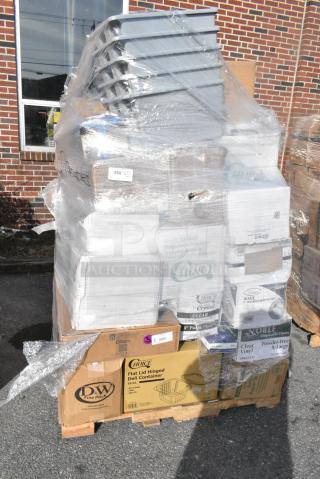 35 BRAND NEW! Boxes Including 788210086 Hoffmaster 210086 82" x 82" White Cellutex Tissue / Poly Paper Table Cover - 25/Case, 127CH16 Choice 16 oz. Clear RPET Hinged Deli Container - 200/Case, 485WPJ7BK EcoChoice 7 3/4" Jumbo Black Wrapped Paper Straw - 3200/Case, 394365XL Noble Products Powder-Free Disposable Clear Vinyl Gloves for Foodservice - Extra Large - 1000/Case, 347RP9CL Visions 9" Clear Plastic Plate - 240/Case,  347RP9CLSS Visions Wave 9" Clear Plastic Plate - 180/Case, 5002BNAPWH Choice 2-Ply White Beverage / Cocktail Napkin - 3000/Case, KKNIFEH Choice Black Heavy Weight Plastic Knife - 1000/Case. 35 Times Your Bid!