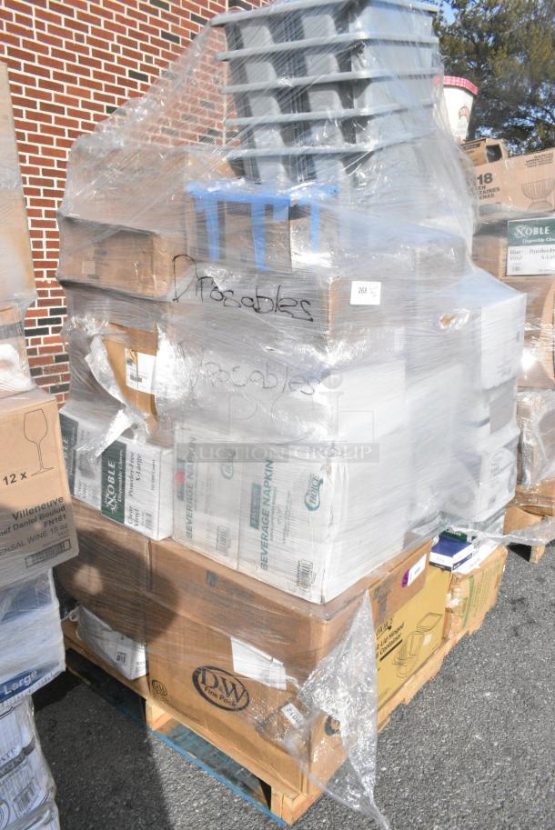 35 BRAND NEW! Boxes Including 788210086 Hoffmaster 210086 82" x 82" White Cellutex Tissue / Poly Paper Table Cover - 25/Case, 127CH16 Choice 16 oz. Clear RPET Hinged Deli Container - 200/Case, 485WPJ7BK EcoChoice 7 3/4" Jumbo Black Wrapped Paper Straw - 3200/Case, 394365XL Noble Products Powder-Free Disposable Clear Vinyl Gloves for Foodservice - Extra Large - 1000/Case, 347RP9CL Visions 9" Clear Plastic Plate - 240/Case,  347RP9CLSS Visions Wave 9" Clear Plastic Plate - 180/Case, 5002BNAPWH Choice 2-Ply White Beverage / Cocktail Napkin - 3000/Case, KKNIFEH Choice Black Heavy Weight Plastic Knife - 1000/Case. 35 Times Your Bid! - Image 2 of 15