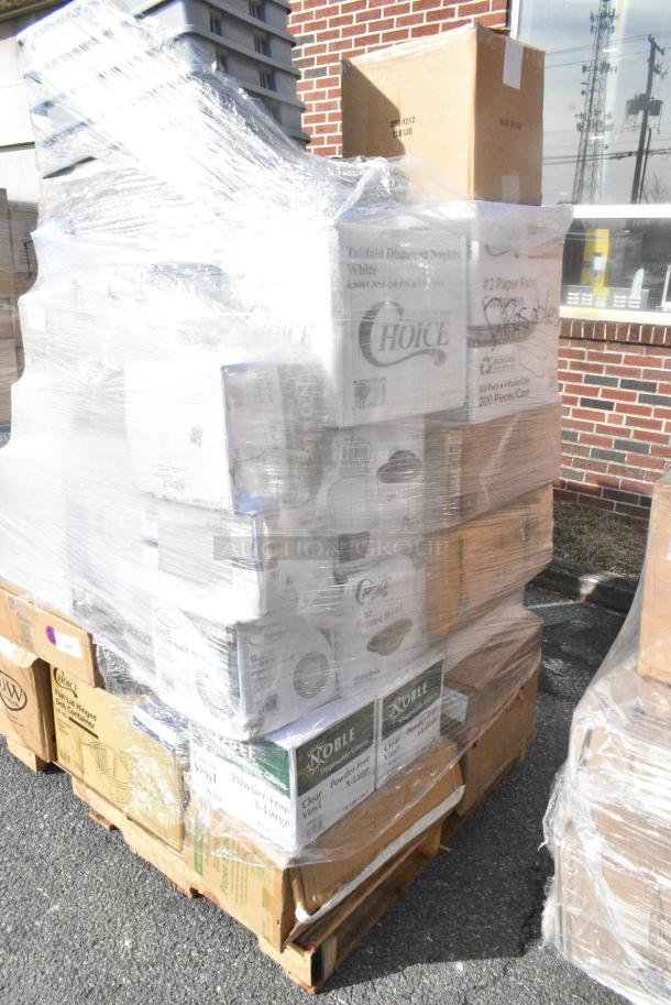 35 BRAND NEW! Boxes Including 788210086 Hoffmaster 210086 82" x 82" White Cellutex Tissue / Poly Paper Table Cover - 25/Case, 127CH16 Choice 16 oz. Clear RPET Hinged Deli Container - 200/Case, 485WPJ7BK EcoChoice 7 3/4" Jumbo Black Wrapped Paper Straw - 3200/Case, 394365XL Noble Products Powder-Free Disposable Clear Vinyl Gloves for Foodservice - Extra Large - 1000/Case, 347RP9CL Visions 9" Clear Plastic Plate - 240/Case,  347RP9CLSS Visions Wave 9" Clear Plastic Plate - 180/Case, 5002BNAPWH Choice 2-Ply White Beverage / Cocktail Napkin - 3000/Case, KKNIFEH Choice Black Heavy Weight Plastic Knife - 1000/Case. 35 Times Your Bid! - Image 3 of 15