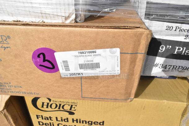 35 BRAND NEW! Boxes Including 788210086 Hoffmaster 210086 82" x 82" White Cellutex Tissue / Poly Paper Table Cover - 25/Case, 127CH16 Choice 16 oz. Clear RPET Hinged Deli Container - 200/Case, 485WPJ7BK EcoChoice 7 3/4" Jumbo Black Wrapped Paper Straw - 3200/Case, 394365XL Noble Products Powder-Free Disposable Clear Vinyl Gloves for Foodservice - Extra Large - 1000/Case, 347RP9CL Visions 9" Clear Plastic Plate - 240/Case,  347RP9CLSS Visions Wave 9" Clear Plastic Plate - 180/Case, 5002BNAPWH Choice 2-Ply White Beverage / Cocktail Napkin - 3000/Case, KKNIFEH Choice Black Heavy Weight Plastic Knife - 1000/Case. 35 Times Your Bid! - Image 5 of 15