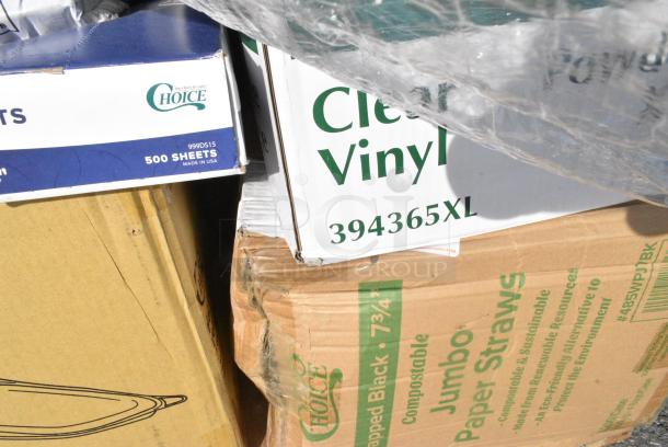 35 BRAND NEW! Boxes Including 788210086 Hoffmaster 210086 82" x 82" White Cellutex Tissue / Poly Paper Table Cover - 25/Case, 127CH16 Choice 16 oz. Clear RPET Hinged Deli Container - 200/Case, 485WPJ7BK EcoChoice 7 3/4" Jumbo Black Wrapped Paper Straw - 3200/Case, 394365XL Noble Products Powder-Free Disposable Clear Vinyl Gloves for Foodservice - Extra Large - 1000/Case, 347RP9CL Visions 9" Clear Plastic Plate - 240/Case,  347RP9CLSS Visions Wave 9" Clear Plastic Plate - 180/Case, 5002BNAPWH Choice 2-Ply White Beverage / Cocktail Napkin - 3000/Case, KKNIFEH Choice Black Heavy Weight Plastic Knife - 1000/Case. 35 Times Your Bid! - Image 8 of 15