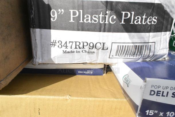35 BRAND NEW! Boxes Including 788210086 Hoffmaster 210086 82" x 82" White Cellutex Tissue / Poly Paper Table Cover - 25/Case, 127CH16 Choice 16 oz. Clear RPET Hinged Deli Container - 200/Case, 485WPJ7BK EcoChoice 7 3/4" Jumbo Black Wrapped Paper Straw - 3200/Case, 394365XL Noble Products Powder-Free Disposable Clear Vinyl Gloves for Foodservice - Extra Large - 1000/Case, 347RP9CL Visions 9" Clear Plastic Plate - 240/Case,  347RP9CLSS Visions Wave 9" Clear Plastic Plate - 180/Case, 5002BNAPWH Choice 2-Ply White Beverage / Cocktail Napkin - 3000/Case, KKNIFEH Choice Black Heavy Weight Plastic Knife - 1000/Case. 35 Times Your Bid! - Image 9 of 15
