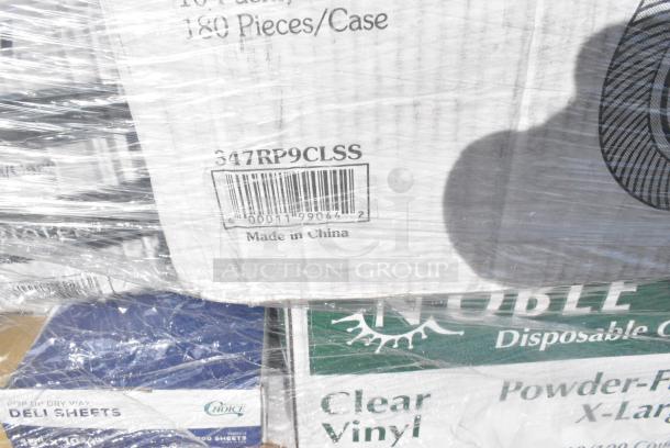35 BRAND NEW! Boxes Including 788210086 Hoffmaster 210086 82" x 82" White Cellutex Tissue / Poly Paper Table Cover - 25/Case, 127CH16 Choice 16 oz. Clear RPET Hinged Deli Container - 200/Case, 485WPJ7BK EcoChoice 7 3/4" Jumbo Black Wrapped Paper Straw - 3200/Case, 394365XL Noble Products Powder-Free Disposable Clear Vinyl Gloves for Foodservice - Extra Large - 1000/Case, 347RP9CL Visions 9" Clear Plastic Plate - 240/Case,  347RP9CLSS Visions Wave 9" Clear Plastic Plate - 180/Case, 5002BNAPWH Choice 2-Ply White Beverage / Cocktail Napkin - 3000/Case, KKNIFEH Choice Black Heavy Weight Plastic Knife - 1000/Case. 35 Times Your Bid! - Image 10 of 15