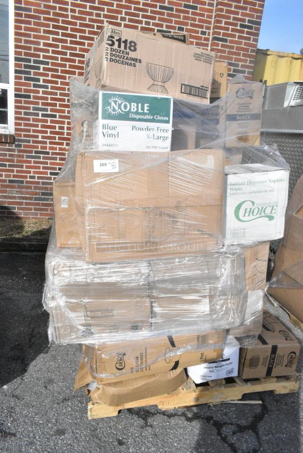 25 BRAND NEW! Boxes Including 394405XL Noble Products Powder-Free Disposable Blue Vinyl Gloves for Foodservice - Extra Large - 1000/Case, 966TALLFLDB Choice White Tall Fold 6x13 Dispenser Napkin, 129MCS24B Choice 24 oz. Black Rectangular Microwavable Heavy Weight Container with Lid 8" x 5 1/4" x 2" - 150/Case, 130WHFORKH Choice White Heavy Weight Polystyrene Plastic Fork - 1000/Case, 760IC16WPA Choice 1 Pint White Paper Double-Wall Frozen Yogurt / Food Cup with Paper Lid - 250/Case, Libbey 5118 17 oz. Supreme Glass Bowl - 24/Case, 128HD8COMBO Choice Heavy Duty 8 oz. Microwavable Translucent Plastic Deli Container and Lid Combo Pack - 240/Case, 500CC10  Choice 10 oz. Clear PET Plastic Cold Cup - 1000/Case, 433NACHOL Carnival King Large Two Compartment Plastic Nacho Tray - 500/Case, 433NHT101 Choice 1/6 Standard Size White "Thank You" Standard-Duty Plastic T-Shirt Bag - 700/Case. 25 Times Your Bid! - Image 1 of 15