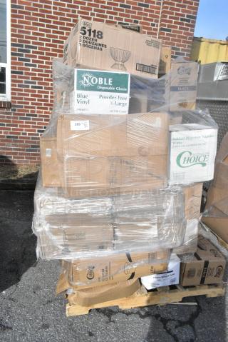 25 BRAND NEW! Boxes Including 394405XL Noble Products Powder-Free Disposable Blue Vinyl Gloves for Foodservice - Extra Large - 1000/Case, 966TALLFLDB Choice White Tall Fold 6x13 Dispenser Napkin, 129MCS24B Choice 24 oz. Black Rectangular Microwavable Heavy Weight Container with Lid 8" x 5 1/4" x 2" - 150/Case, 130WHFORKH Choice White Heavy Weight Polystyrene Plastic Fork - 1000/Case, 760IC16WPA Choice 1 Pint White Paper Double-Wall Frozen Yogurt / Food Cup with Paper Lid - 250/Case, Libbey 5118 17 oz. Supreme Glass Bowl - 24/Case, 128HD8COMBO Choice Heavy Duty 8 oz. Microwavable Translucent Plastic Deli Container and Lid Combo Pack - 240/Case, 500CC10  Choice 10 oz. Clear PET Plastic Cold Cup - 1000/Case, 433NACHOL Carnival King Large Two Compartment Plastic Nacho Tray - 500/Case, 433NHT101 Choice 1/6 Standard Size White "Thank You" Standard-Duty Plastic T-Shirt Bag - 700/Case. 25 Times Your Bid!