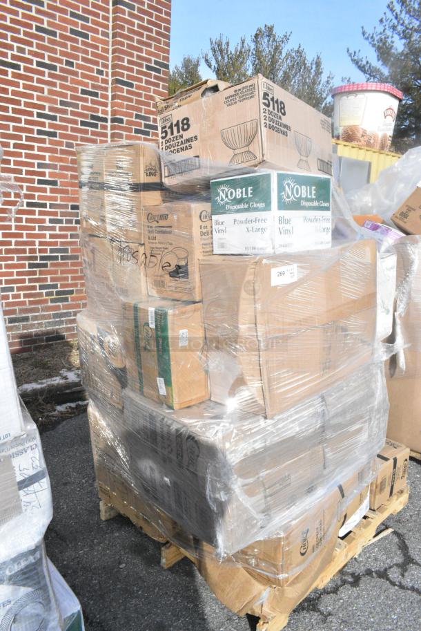 25 BRAND NEW! Boxes Including 394405XL Noble Products Powder-Free Disposable Blue Vinyl Gloves for Foodservice - Extra Large - 1000/Case, 966TALLFLDB Choice White Tall Fold 6x13 Dispenser Napkin, 129MCS24B Choice 24 oz. Black Rectangular Microwavable Heavy Weight Container with Lid 8" x 5 1/4" x 2" - 150/Case, 130WHFORKH Choice White Heavy Weight Polystyrene Plastic Fork - 1000/Case, 760IC16WPA Choice 1 Pint White Paper Double-Wall Frozen Yogurt / Food Cup with Paper Lid - 250/Case, Libbey 5118 17 oz. Supreme Glass Bowl - 24/Case, 128HD8COMBO Choice Heavy Duty 8 oz. Microwavable Translucent Plastic Deli Container and Lid Combo Pack - 240/Case, 500CC10  Choice 10 oz. Clear PET Plastic Cold Cup - 1000/Case, 433NACHOL Carnival King Large Two Compartment Plastic Nacho Tray - 500/Case, 433NHT101 Choice 1/6 Standard Size White "Thank You" Standard-Duty Plastic T-Shirt Bag - 700/Case. 25 Times Your Bid! - Image 2 of 15