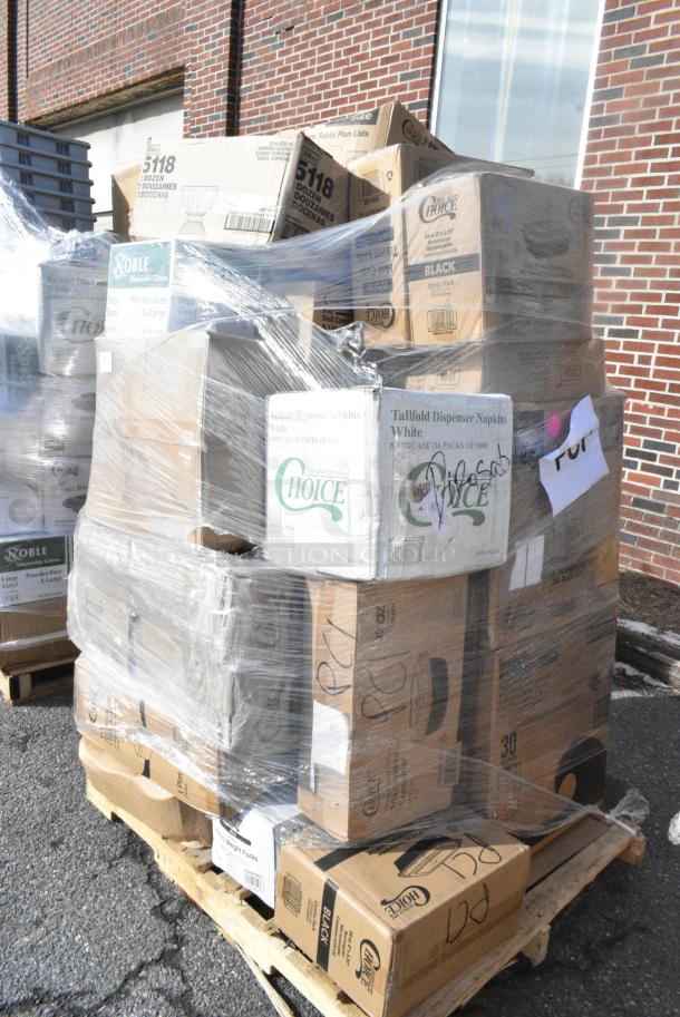 25 BRAND NEW! Boxes Including 394405XL Noble Products Powder-Free Disposable Blue Vinyl Gloves for Foodservice - Extra Large - 1000/Case, 966TALLFLDB Choice White Tall Fold 6x13 Dispenser Napkin, 129MCS24B Choice 24 oz. Black Rectangular Microwavable Heavy Weight Container with Lid 8" x 5 1/4" x 2" - 150/Case, 130WHFORKH Choice White Heavy Weight Polystyrene Plastic Fork - 1000/Case, 760IC16WPA Choice 1 Pint White Paper Double-Wall Frozen Yogurt / Food Cup with Paper Lid - 250/Case, Libbey 5118 17 oz. Supreme Glass Bowl - 24/Case, 128HD8COMBO Choice Heavy Duty 8 oz. Microwavable Translucent Plastic Deli Container and Lid Combo Pack - 240/Case, 500CC10  Choice 10 oz. Clear PET Plastic Cold Cup - 1000/Case, 433NACHOL Carnival King Large Two Compartment Plastic Nacho Tray - 500/Case, 433NHT101 Choice 1/6 Standard Size White "Thank You" Standard-Duty Plastic T-Shirt Bag - 700/Case. 25 Times Your Bid! - Image 3 of 15