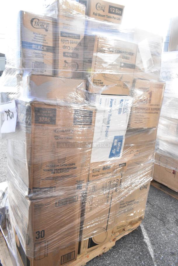 25 BRAND NEW! Boxes Including 394405XL Noble Products Powder-Free Disposable Blue Vinyl Gloves for Foodservice - Extra Large - 1000/Case, 966TALLFLDB Choice White Tall Fold 6x13 Dispenser Napkin, 129MCS24B Choice 24 oz. Black Rectangular Microwavable Heavy Weight Container with Lid 8" x 5 1/4" x 2" - 150/Case, 130WHFORKH Choice White Heavy Weight Polystyrene Plastic Fork - 1000/Case, 760IC16WPA Choice 1 Pint White Paper Double-Wall Frozen Yogurt / Food Cup with Paper Lid - 250/Case, Libbey 5118 17 oz. Supreme Glass Bowl - 24/Case, 128HD8COMBO Choice Heavy Duty 8 oz. Microwavable Translucent Plastic Deli Container and Lid Combo Pack - 240/Case, 500CC10  Choice 10 oz. Clear PET Plastic Cold Cup - 1000/Case, 433NACHOL Carnival King Large Two Compartment Plastic Nacho Tray - 500/Case, 433NHT101 Choice 1/6 Standard Size White "Thank You" Standard-Duty Plastic T-Shirt Bag - 700/Case. 25 Times Your Bid! - Image 4 of 15