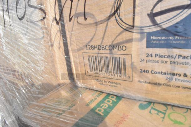 25 BRAND NEW! Boxes Including 394405XL Noble Products Powder-Free Disposable Blue Vinyl Gloves for Foodservice - Extra Large - 1000/Case, 966TALLFLDB Choice White Tall Fold 6x13 Dispenser Napkin, 129MCS24B Choice 24 oz. Black Rectangular Microwavable Heavy Weight Container with Lid 8" x 5 1/4" x 2" - 150/Case, 130WHFORKH Choice White Heavy Weight Polystyrene Plastic Fork - 1000/Case, 760IC16WPA Choice 1 Pint White Paper Double-Wall Frozen Yogurt / Food Cup with Paper Lid - 250/Case, Libbey 5118 17 oz. Supreme Glass Bowl - 24/Case, 128HD8COMBO Choice Heavy Duty 8 oz. Microwavable Translucent Plastic Deli Container and Lid Combo Pack - 240/Case, 500CC10  Choice 10 oz. Clear PET Plastic Cold Cup - 1000/Case, 433NACHOL Carnival King Large Two Compartment Plastic Nacho Tray - 500/Case, 433NHT101 Choice 1/6 Standard Size White "Thank You" Standard-Duty Plastic T-Shirt Bag - 700/Case. 25 Times Your Bid! - Image 11 of 15