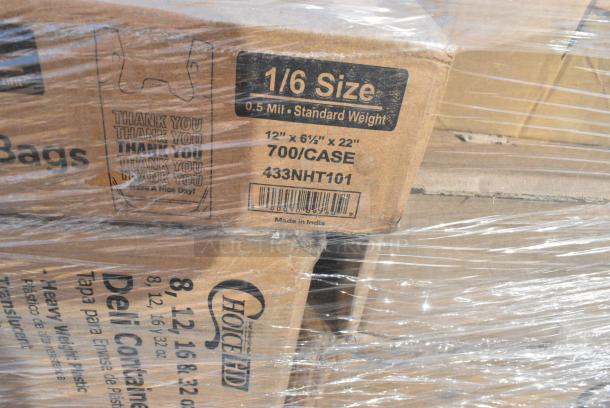 25 BRAND NEW! Boxes Including 394405XL Noble Products Powder-Free Disposable Blue Vinyl Gloves for Foodservice - Extra Large - 1000/Case, 966TALLFLDB Choice White Tall Fold 6x13 Dispenser Napkin, 129MCS24B Choice 24 oz. Black Rectangular Microwavable Heavy Weight Container with Lid 8" x 5 1/4" x 2" - 150/Case, 130WHFORKH Choice White Heavy Weight Polystyrene Plastic Fork - 1000/Case, 760IC16WPA Choice 1 Pint White Paper Double-Wall Frozen Yogurt / Food Cup with Paper Lid - 250/Case, Libbey 5118 17 oz. Supreme Glass Bowl - 24/Case, 128HD8COMBO Choice Heavy Duty 8 oz. Microwavable Translucent Plastic Deli Container and Lid Combo Pack - 240/Case, 500CC10  Choice 10 oz. Clear PET Plastic Cold Cup - 1000/Case, 433NACHOL Carnival King Large Two Compartment Plastic Nacho Tray - 500/Case, 433NHT101 Choice 1/6 Standard Size White "Thank You" Standard-Duty Plastic T-Shirt Bag - 700/Case. 25 Times Your Bid! - Image 14 of 15