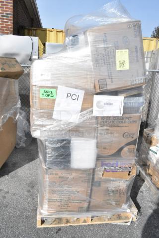 30 BRAND NEW! Boxes Including Dart 85HT3R 8" x 8" x 3" White Foam Three-Compartment Square Take Out Container with Perforated Hinged Lid - 200/Case, 500CC10 Choice 10 oz. Clear PET Plastic Cold Cup - 1000/Case, 760CB130CHKN Choice 130 oz. Chicken Bucket with Lid - 120/Case, 43301CUPC Choice 1-Compartment Clear PET Plastic Cupcake / Muffin Container - 400/Case, 500MFT Lavex Natural Brown Kraft M-Fold (Multifold) Towel - 4000/Case, Solo 626TS Clear Flat Lid with Straw Slot - 1000/Case. 30 Times Your Bid!