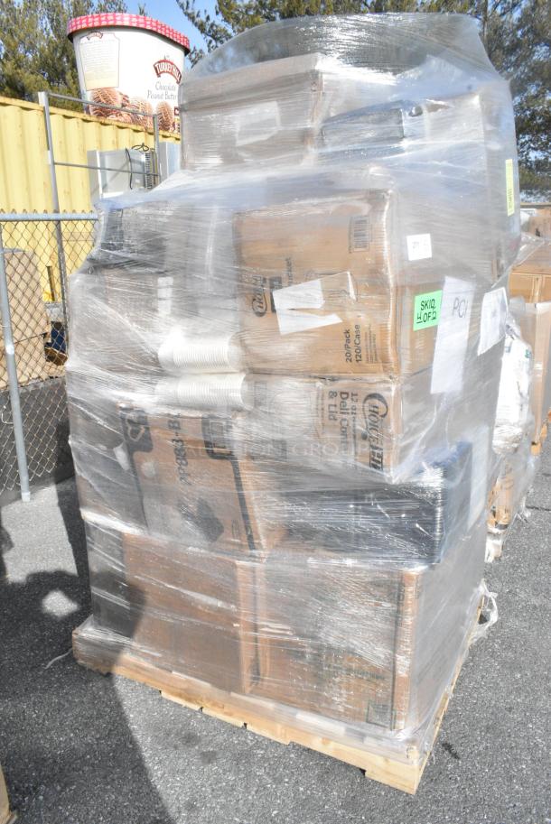30 BRAND NEW! Boxes Including Dart 85HT3R 8" x 8" x 3" White Foam Three-Compartment Square Take Out Container with Perforated Hinged Lid - 200/Case, 500CC10 Choice 10 oz. Clear PET Plastic Cold Cup - 1000/Case, 760CB130CHKN Choice 130 oz. Chicken Bucket with Lid - 120/Case, 43301CUPC Choice 1-Compartment Clear PET Plastic Cupcake / Muffin Container - 400/Case, 500MFT Lavex Natural Brown Kraft M-Fold (Multifold) Towel - 4000/Case, Solo 626TS Clear Flat Lid with Straw Slot - 1000/Case. 30 Times Your Bid! - Image 2 of 12